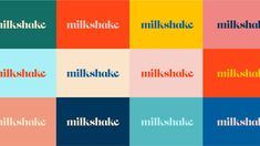 multiple colored squares with the words milkshake in different colors and sizes on them