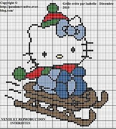 a cross stitch pattern with a hello kitty holding onto a sleigh in the snow