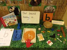 there is a display with books and toys on the grass in front of it that says our sound today 15