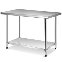 a stainless steel table with one shelf on each side and two legs at the bottom