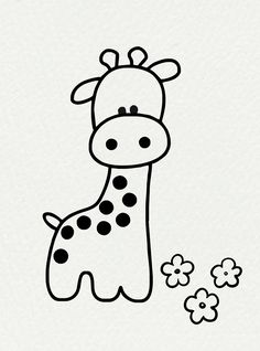 a black and white drawing of a giraffe with flowers in the foreground