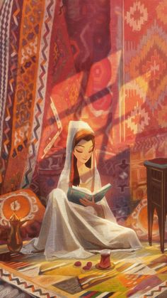 a painting of a woman reading a book in front of an array of rugs