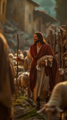 jesus walking with his sheep and holding a stick in one hand as he leads the way