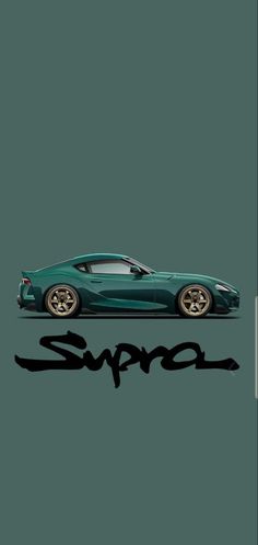 a green sports car with the word supro on it