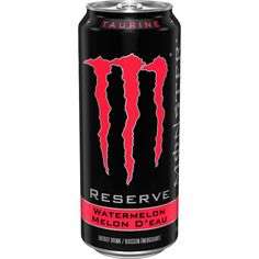 a can of monster energy drink with red and black lettering on the side, in front of a white background