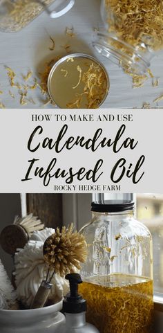 the ingredients to make caledala infused oil are shown in jars and on display