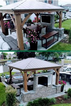 an outdoor gazebo with seating and grill