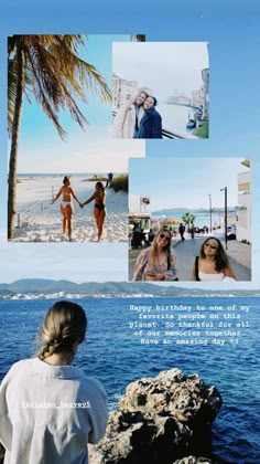 a woman sitting on top of a rock next to the ocean with pictures of people