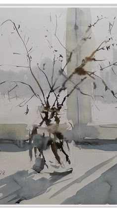 a watercolor painting of a tree in front of a window with no leaves on it