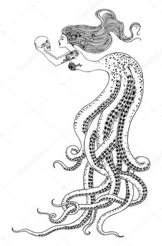 a woman with long hair holding an octopus in her hand