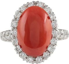 14K White Gold Red Coral 1.30ct. Diamond Ring Size 6.75 Simple Diamond Ring, Handmade Sterling Silver Rings, White Gold Wedding Rings