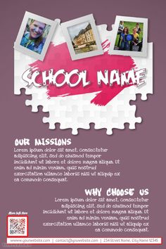 the back cover of a flyer for school name, with photos and text on it