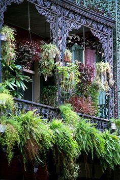 an ornate balcony with potted plants on the balconies