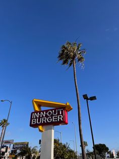 a sign that says in - n - out burgerr next to a palm tree