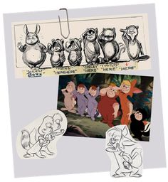 an image of disney characters hanging from the side of a paper with pictures on it