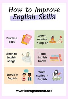 how to improve english skills with pictures and text on the front, below it is an image