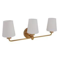 three light bathroom fixture with white shades on the sides and two lamps on each side