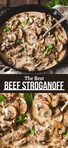 the best beef stroganone recipe with mushrooms and parsley in a cast iron skillet