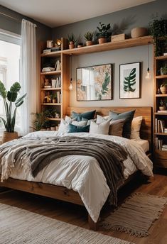 a bed sitting in a bedroom next to a window with lots of bookshelves