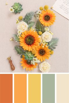 sunflowers and other flowers are arranged in the color scheme for this wedding bouquet