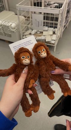 two stuffed monkeys are being held by someone