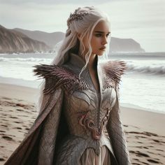 a woman with white hair and wings standing on the beach next to the ocean,