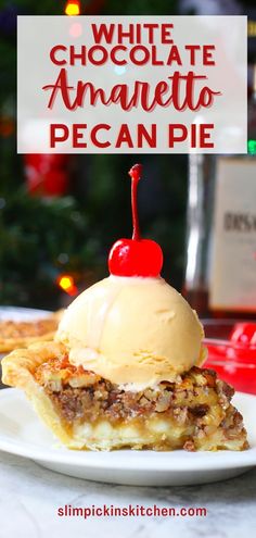 white chocolate amarjeto pecan pie on a plate with a christmas tree in the background