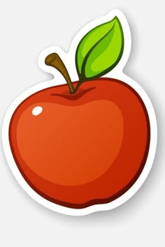 an apple sticker with a green leaf on it