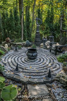 an outdoor garden is shown with rocks and plants in the center, surrounded by trees