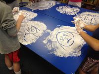 two children are making faces out of white powder on a blue table in front of bookshelves