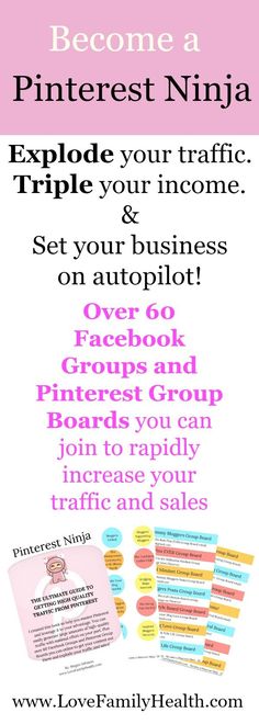 a flyer with the words pinterest ninja written in pink and white on it