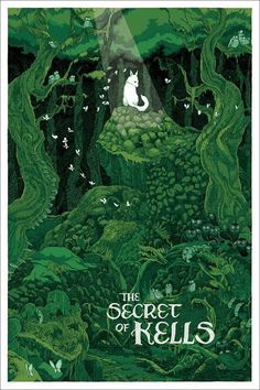 the secret of kells movie poster with white cat sitting on top of a hill surrounded by trees