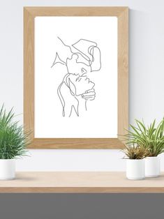 a line drawing of a man and woman kissing in front of a white wall with potted plants