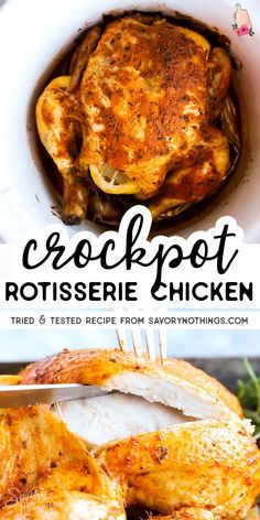 crockpot rotissee chicken is served in a white bowl