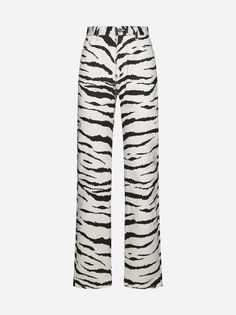 Alaia's zebra print denim jeans in shades of cream and black featuring high waist, belt loops, button and zip fly, five pocket cut and straight leg. ? Composition: 100% cotton Printed Denim Jeans, Denim Trench Coat, Print Jeans, Printed Jeans, Couture Runway, Printed Denim, Bottom Clothes, Yoga Wear, Runway Looks