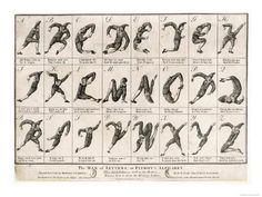 an old book page showing the alphabets and letters in different poses, with pictures of people