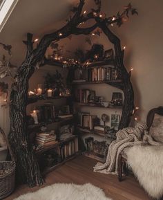 a room with some bookshelves and lights in the corner, along with fur rugs on the floor