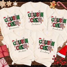 Introducing the Christmas Cousin Crew Shirt - the perfect way to celebrate the holidays with your favorite cousins! This festive, personalized shirt features vibrant Christmas colors, adorable holiday icons like Santa hats, candy canes, and gingerbread men, all wrapped around bold "Cousin Crew" lettering. Each shirt is custom-made with your cousin's name, making it a unique and thoughtful gift for family gatherings or holiday photos. Soft, comfortable, and full of Christmas cheer, these shirts a Cousins Christmas Shirts, Cousin T Shirts, Christmas Cousin Crew Shirts, Cousin Crew Christmas Shirts, Christmas Gifts For Cousins, Cousins Shirts, Cousin Crew Shirts, Cousin Shirts, Holiday Icons