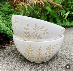 two white bowls sitting on top of a cement ground next to green plants and bushes