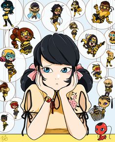 an anime character with many different avatars on her face and hands behind her head