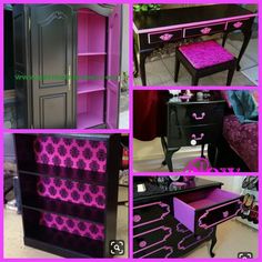 purple and black furniture with pink accents on the top, bottom, and bottom drawers