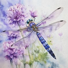 a painting of a dragonfly sitting on top of purple flowers with watercolors