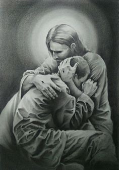 a black and white drawing of a woman holding a baby in her arms with the light coming through