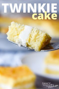 a piece of cake on a fork with the words, twinkie cake above it