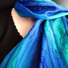 Silk Scarf Hand Dyed in Sapphire, Aqua and Midnight Blue