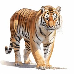 a large tiger walking across a white ground