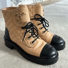 Chanel Quilted Beige And Black Ankle Boots, Size 38. Please Note These Show Signs Of Wear, Please Review All Photos Chanel Shoes, Black Ankle Boots, Black And Tan, Bootie Boots, Ankle Boots, Chanel, Women Shoes, Boots, How To Wear