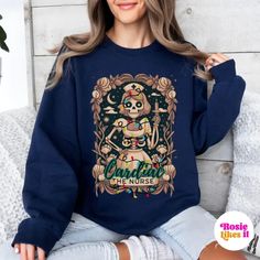 LOVE this Nurse Christmas Sweatshirt! it's so unique with the Christmas lights string around a vintage image of a tarot card deck!! Christmas Lights String, Nurse Grad Gift, Tarot Card Design, Cardiac Nurse, Nurse Sweater, Female Office, Like A Mom, Nurse Christmas