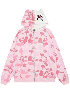 This hoodie features a classic camouflage pattern complemented with prints of cats holding guns creating a trendy and charming look. The hoodie has an embroidered Hello Kitty face that features a whimsical touch. Cotton material Kangaroo pockets Fits true to size Hello Kitty Outfit, Hello Kitty Hoodie, Images Hello Kitty, Kitty Clothes, Hello Kitty Clothes, Camouflage Hoodie, Pink Hello Kitty, Camo Hoodie, Hoodie Coat