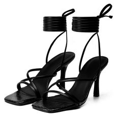 PRICES MAY VARY. 👠Heel Height: 9 cm/3.54 inches. The Low heel of lace up heels is comforable height, no need to worry about the foot pain, provide you all day relaxing feelings. Strappy sandals for women ensure that every step is stable and comfortable. 👠Material: Strappy Heeled sandals is made of PU leather upper, soft padded insole and anti-slip rubber outsole, comfy and wearable. Suitable for all day walking comfort! 👠Classic Design: These Women's Lace Up sandals have a classic square-toe Fitted Black Lace-up Sandals With Wrapped Heel, Chic Black Open Heel Lace-up Sandals, Black Strappy Lace-up Sandals With Wrapped Heel, Strap Stretches, Black Synthetic Lace-up Sandals With Wrapped Heel, Black Synthetic Open Heel Lace-up Sandals, Strappy Stilettos, Strappy Sandals Heels, Foot Pain